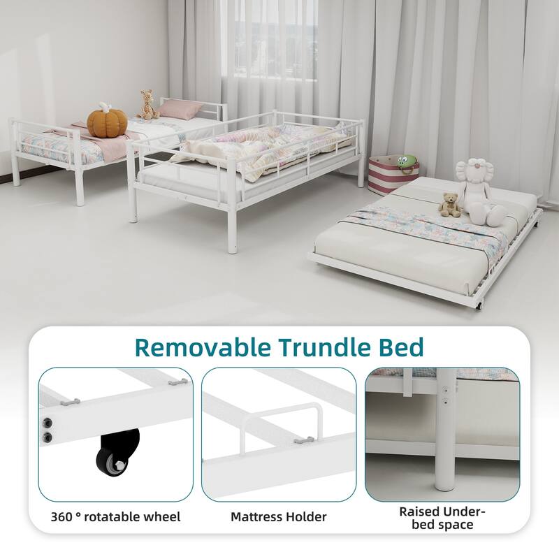 Metal Twin Over Twin Bunk Bed Frame with Ladders and Guardrail, Convertible to 2 Beds, Optional Trundle Bed
