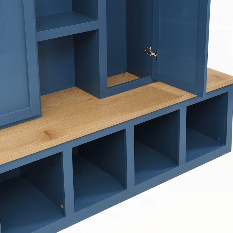 Farmhouse 4-in-1 Hall Tree with 6 Hanging Hooks, Mudroom Wood Grain Bench with Open Compartments