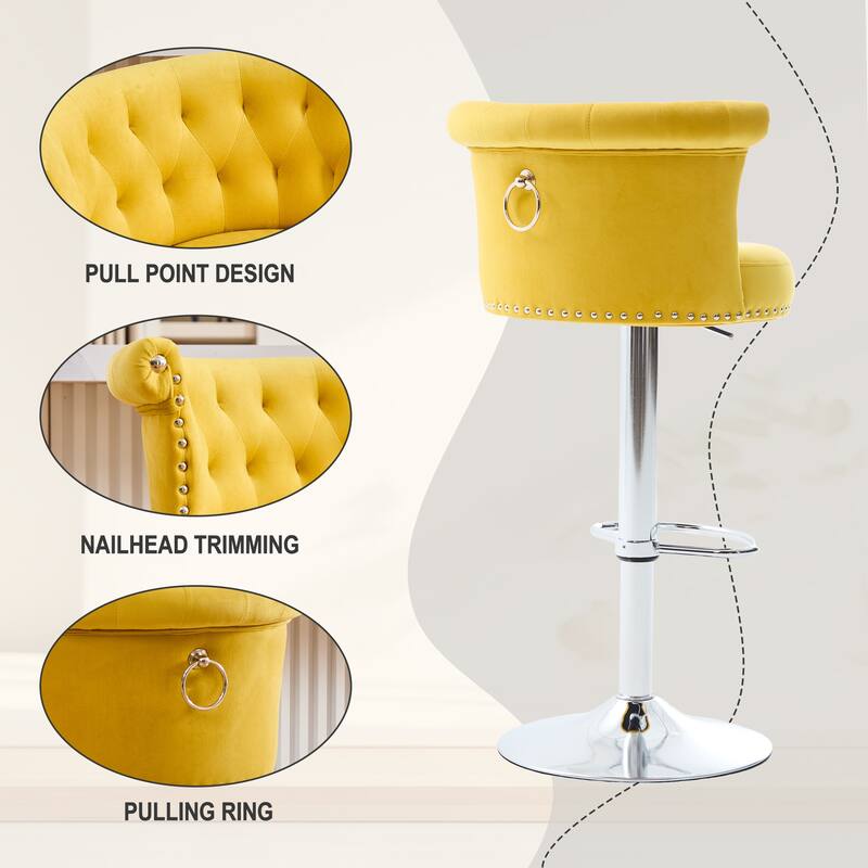 Velvet Upholstered Tufted Nailheads Swivel Adjustable Height Bar Stools with Silver Footrest(set of 2)
