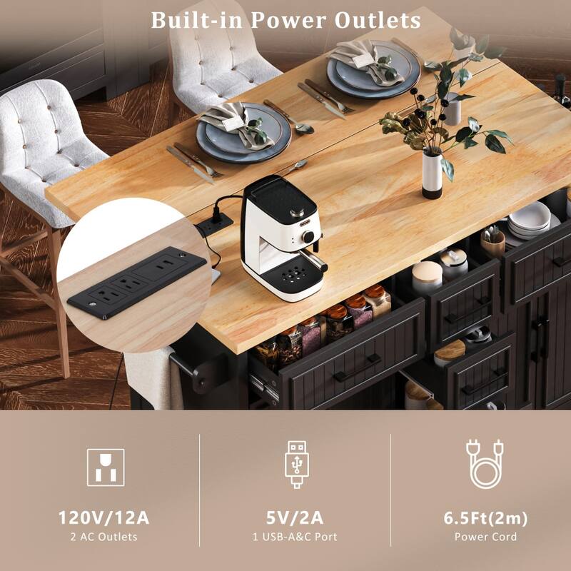56.5'' Kitchen Island with Drop Leaf, Power Outlet, Embossed Vertical Stripe and Adjustable Shelves