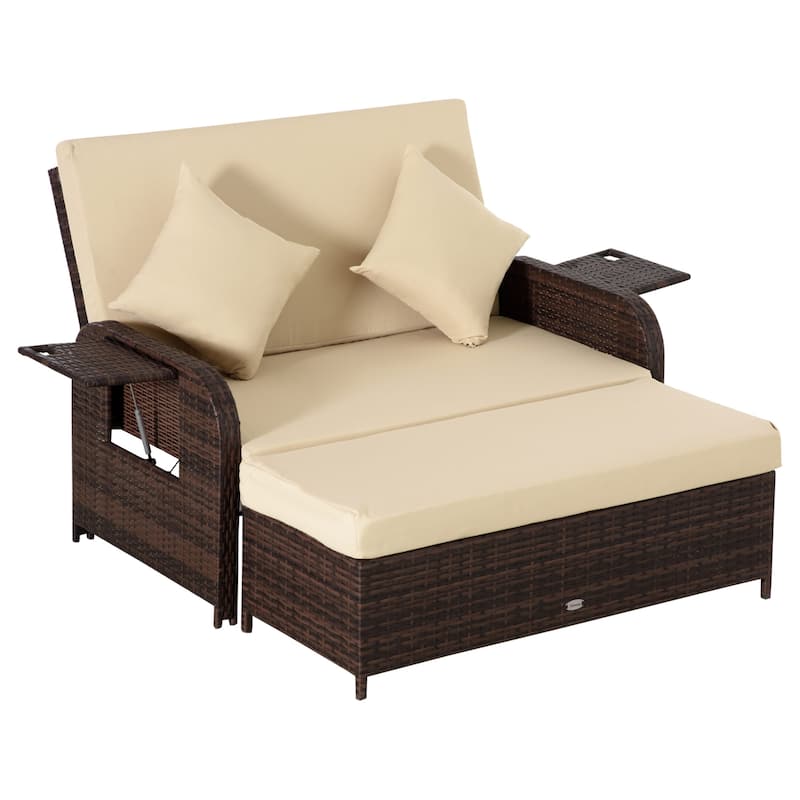 Outsunny Patio Wicker Loveseat Sofa Set, Outdoor PE Rattan Garden Sun Lounger, w/ Storage Ottoman & Side Tables/ Drink Trays