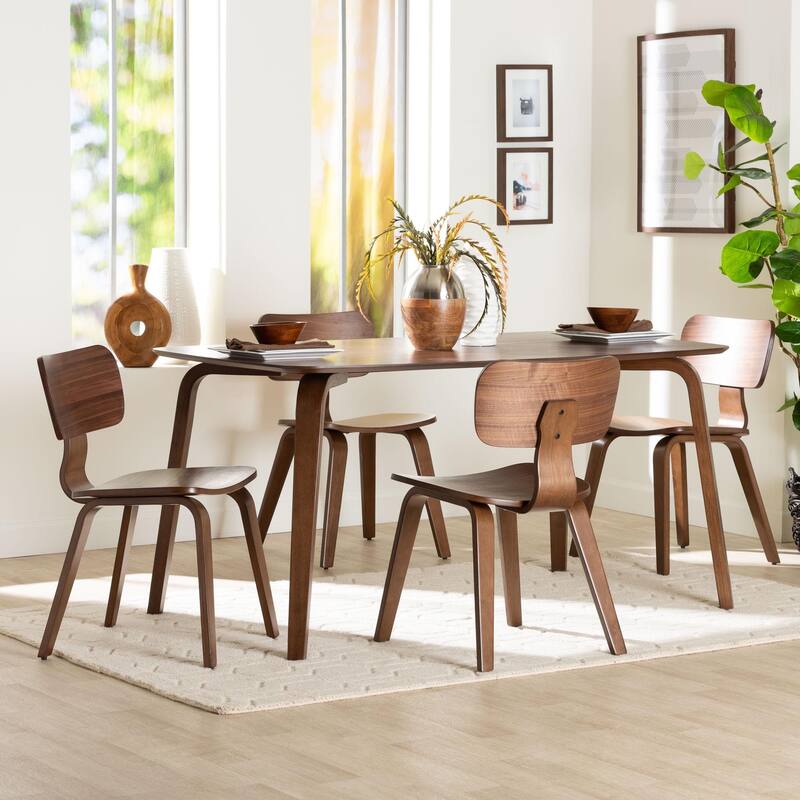 Billie Wood 5-Piece Dining Set - Bentwood Frame Table with Matching Chairs, Mid-Century Style Set for Dining Room