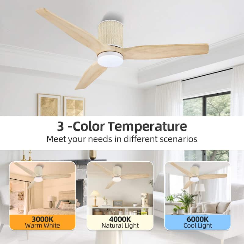 MLiAN 52 In. 3 Solid Wood Blades Flush Mount Ceiling Fan with Light Kit - 52"