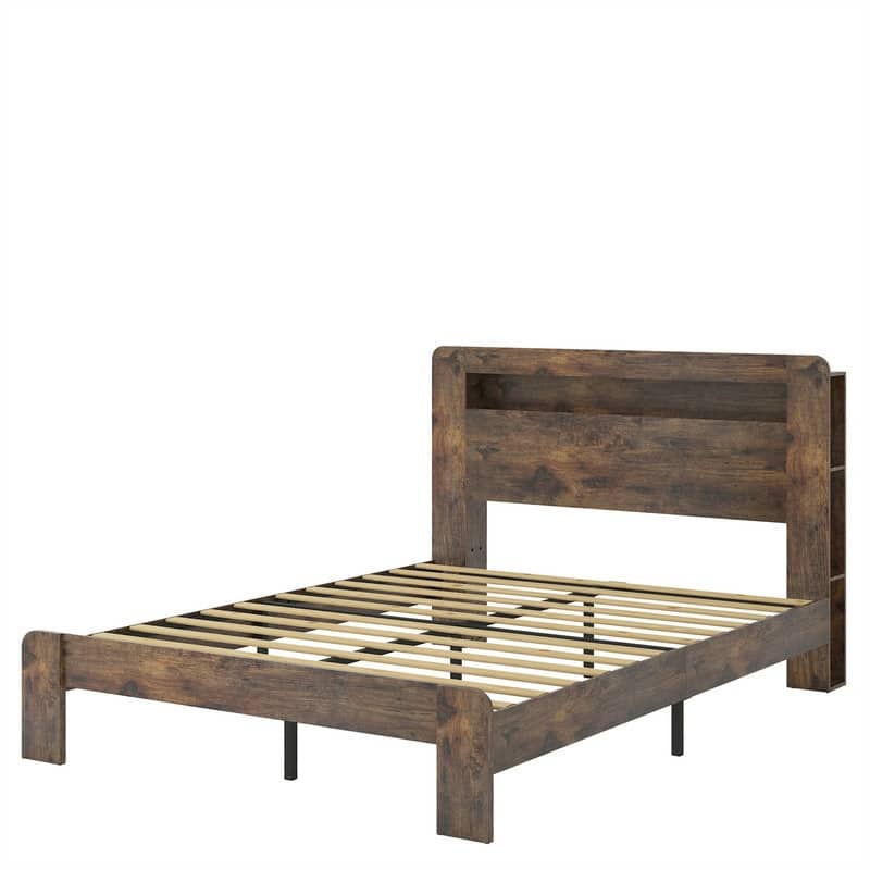Wood Bed Frame Full/Queen/King Size, Farmhouse Platform Bed with LED Storage Shelf Headboard & 2 USB Ports, No Box Spring Needed