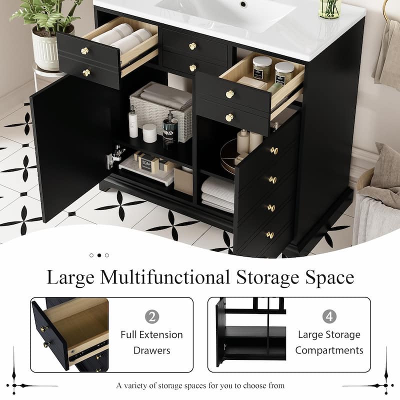 30'' Bathroom Vanity with Ceramic Sink Combo, Solid Wood Frame Bathroom Storage Cabinet