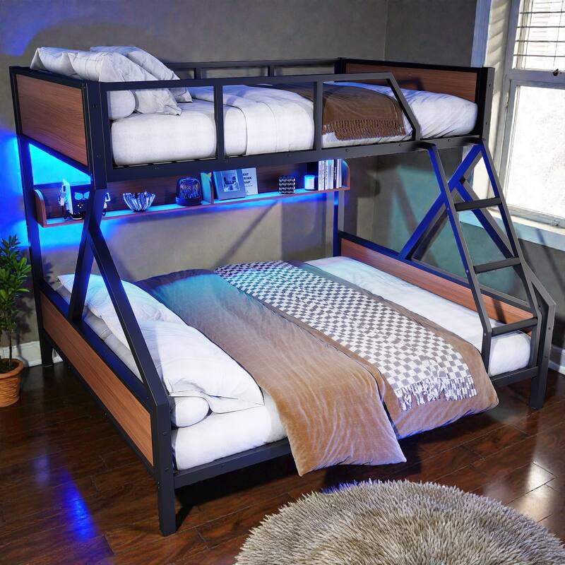 Metal Bunk Bed with Storage Shelves and LED Lights, Space Saving Noise Free Bunk Bed Frame with Guardrails