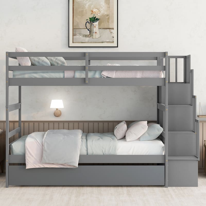 Twin over Twin Bunk Beds With Twin Trundle and Stairway Storage Function