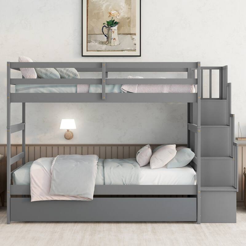 Twin over Twin Bunk Beds with Twin Trundle and Stairway Storage Function