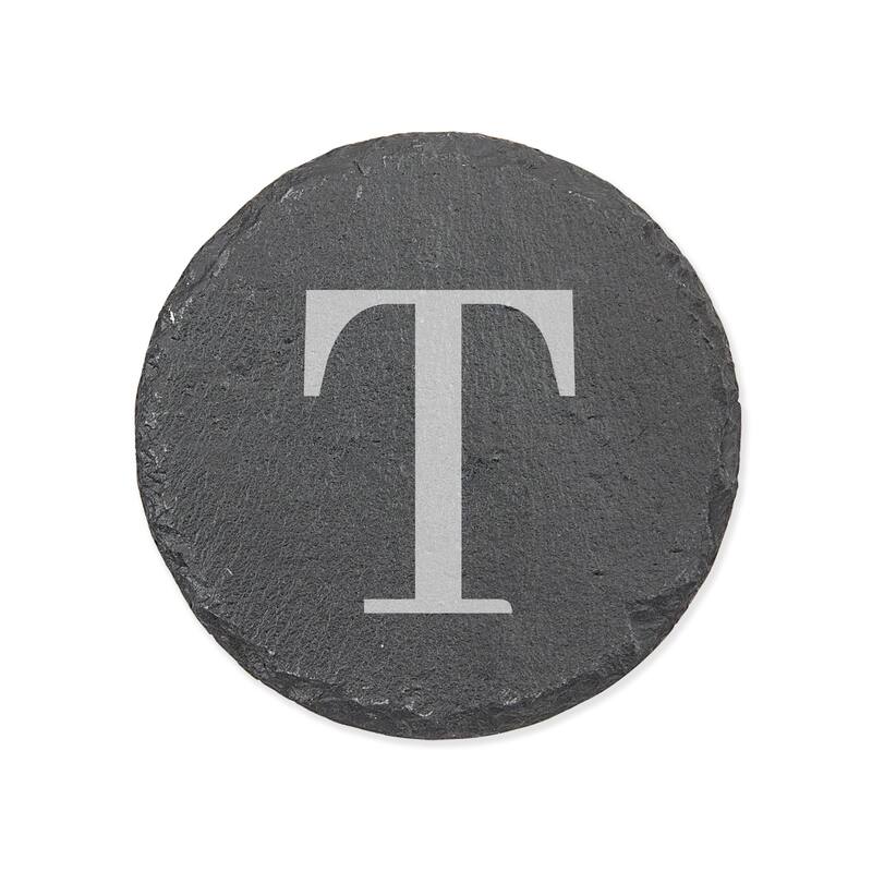 Personalized Letter Round Slate Coaster - 1 piece - T - Slate