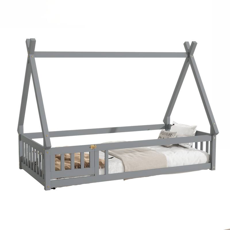 Twin Tent-shaped Floor Bed,Teepee Bed with Guardrails,Slats and Door