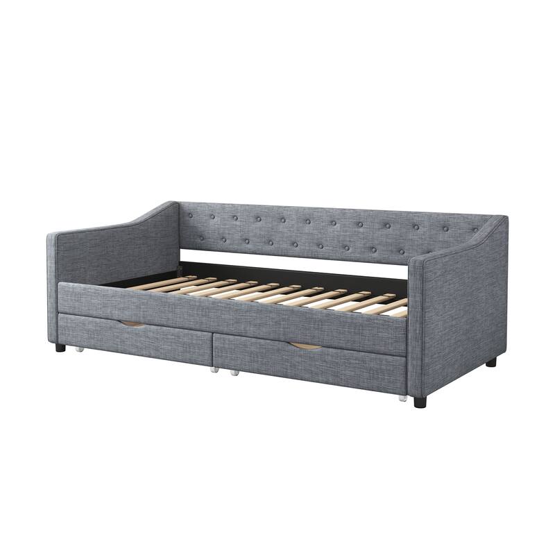 Upholstered Tufted Twin Size Daybed with Drawers, Button on Back