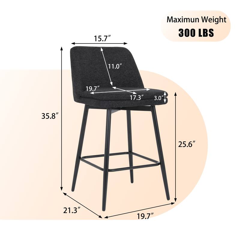 Counter Height Swivel Bar Stools Set of 2, 360°Swivel Upholstered Barstools with Back and Metal Legs, Counter Stools