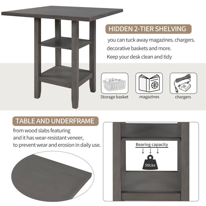 Gray 5-Piece Counter Height Wooden Dining Table Set with 4 Chairs & Shelf