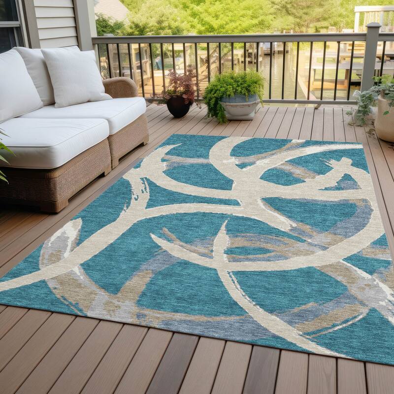 Machine Washable Indoor/ Outdoor Abstract Contemporary Chantille Rug - Teal - 3' x 5'