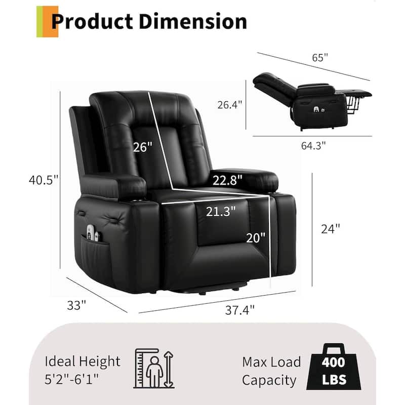 37.4" Heat and Massage Power Lift Recliner Chair with Cup Holder