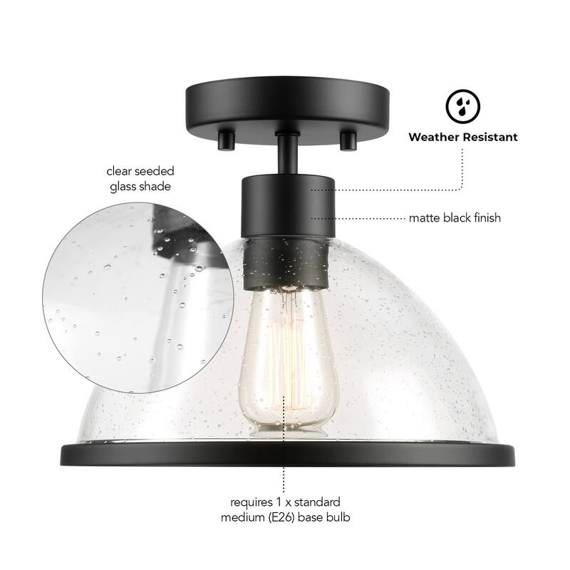 1-Light Outdoor Flush Mount Ceiling Light, Matte Black, Seeded Glass Shade, Weather Resistant, Indoor - 10.35"