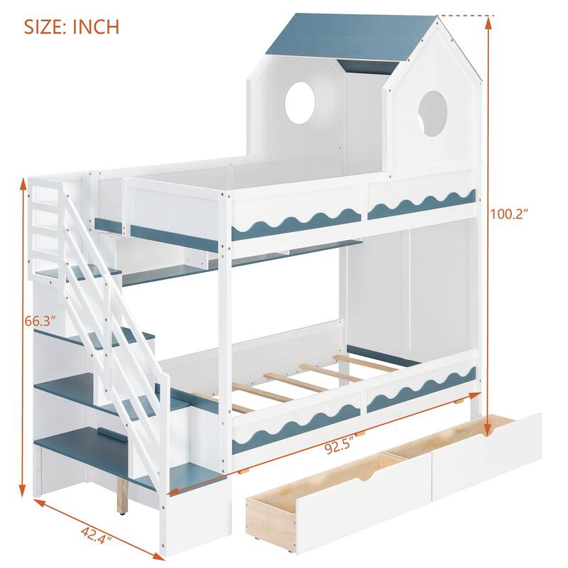 Twin Over Twin Bunk Bed with Stairs, LED Lights, Storage Drawers, House Shaped Wood Loft Bed with Guardrail
