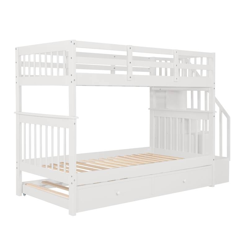Twin Over Twin Bunk Bed with Trundle, Detachable Wood Triple Bedframe
