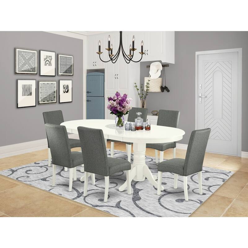 7-Piece Dining Room Set - Linen White Table & Gray Chairs - Butterfly Leaf Table - 76.3