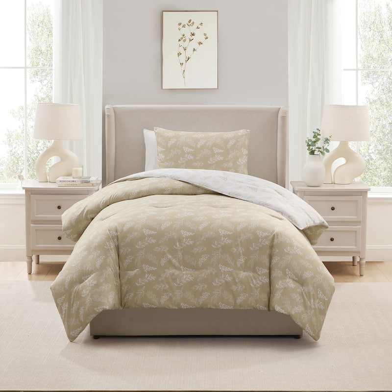 Empyrean 3PC Reversible Botanical Printed Comforter Bedding Set - Oatmeal - Twin