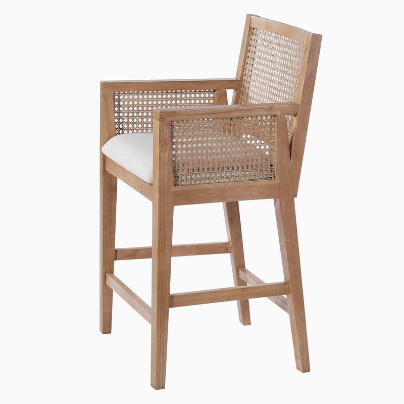 Christopher Knight Home - French Country Wood & Rattan Counter Stools with Upholstered Seat and Arms - Set of 2