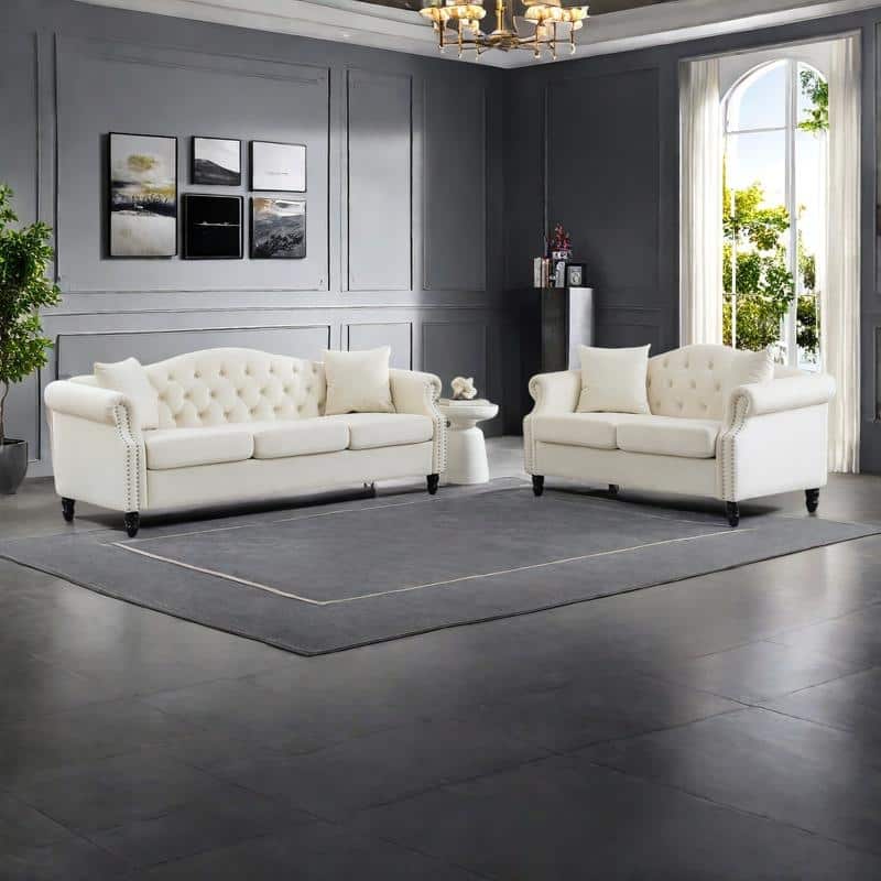 2-Pieces Chesterfield Velvet 3+2-Seater Combination Sofa Set with Nailhead Trim, Tufted Low Back, and Removable Cushions - Beige