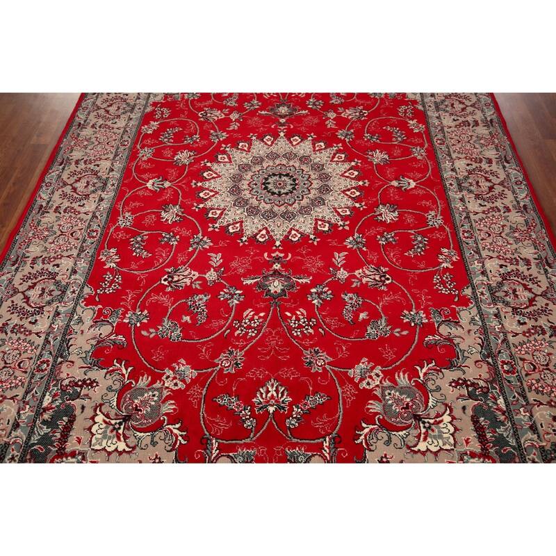 Red Medallion Kashan Turkish Rug Machine-Made Floral Carpet - 6'4" x 9'8"