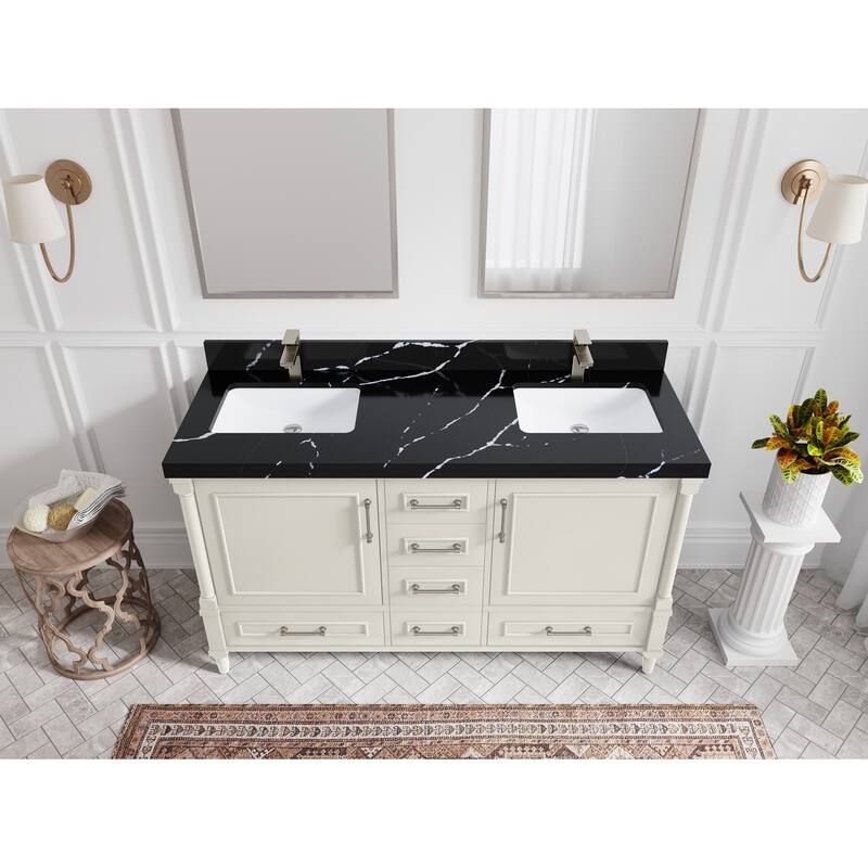 Willow Collections 60 in. W x 22 in. D Aberdeen Double Sink Bathroom Vanity with Countertop - 2" Calacatta Black - Ivory