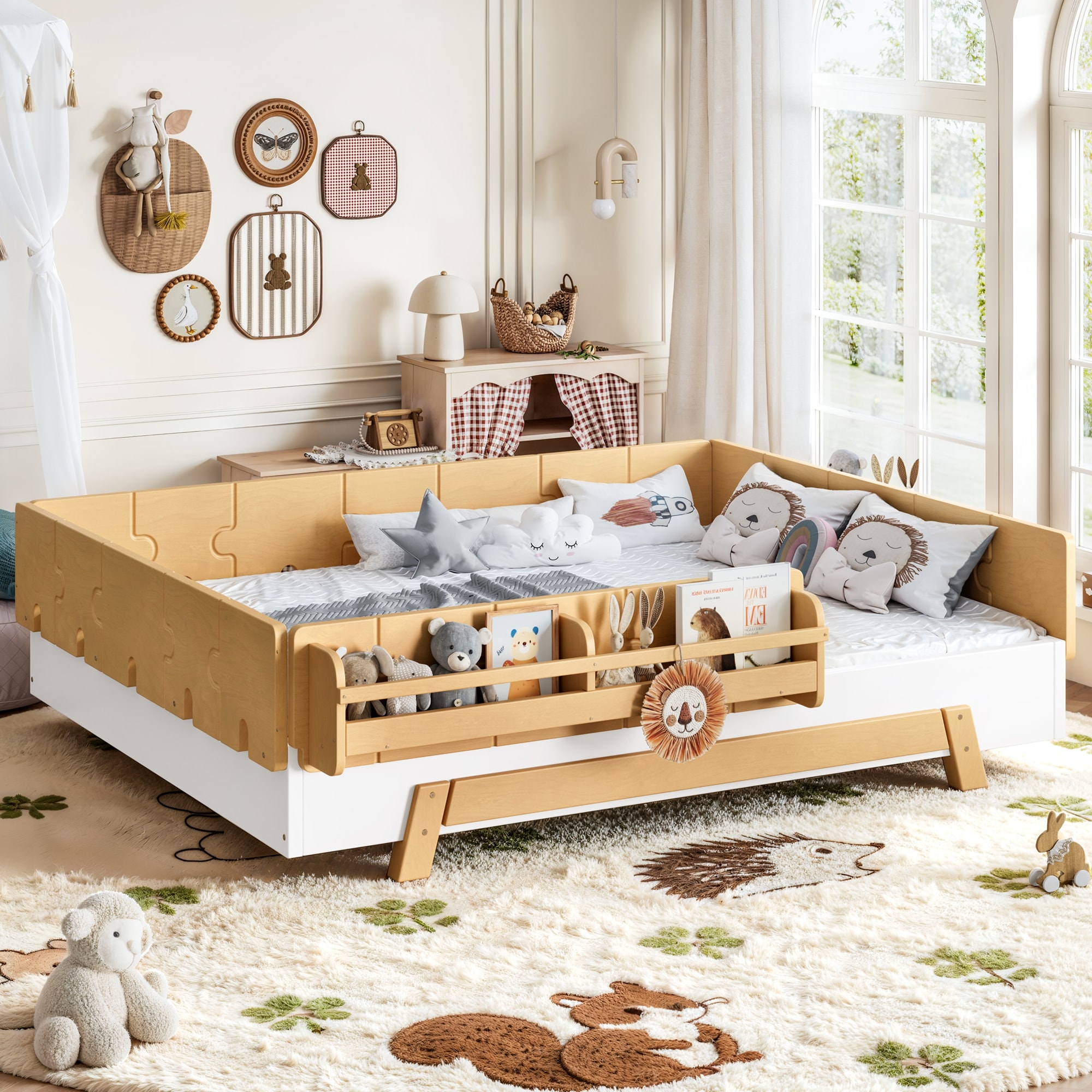 Solid Wood Montessori Twin/Full Floor Bed Building Block Bookshelf Guardrail