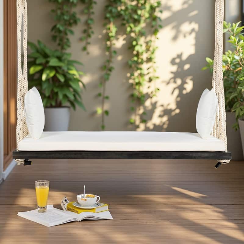 Acacia Wood Porch Swing Chair with Cushion and Pillows 10.8ft Hemp Ropes, 400lb Capacity