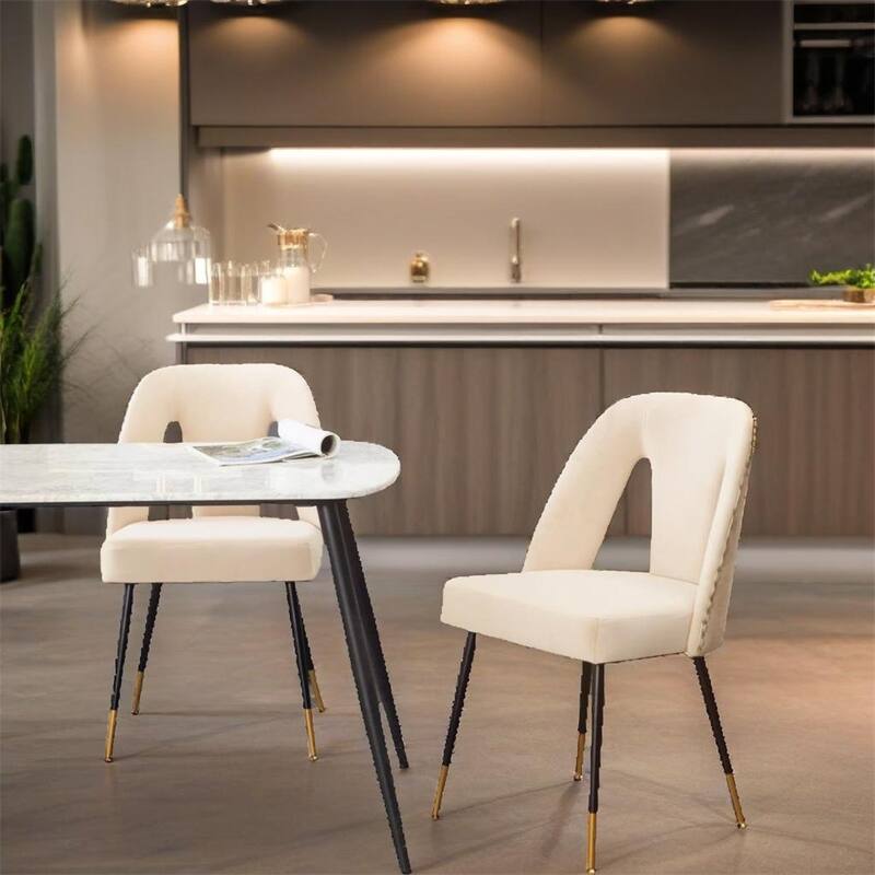 Velvet Upholstered Dining Chair w/ Nailheads and Metal Legs（Set of 2) - N/A