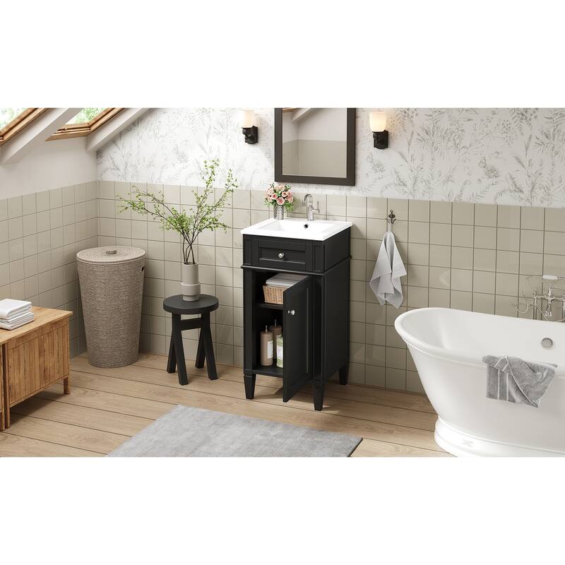 16" Bathroom Vanity with Ceramic Sink, Freestanding Single Vanity Set with Soft Closing Door, Adjustable Shelf, French Style