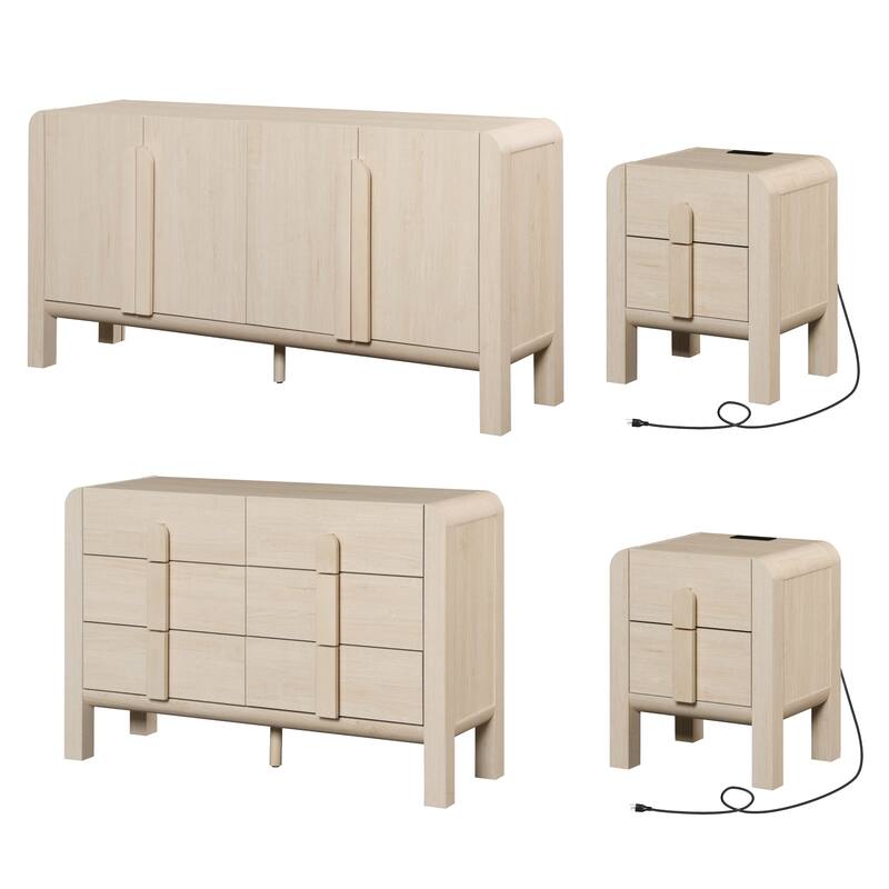 WAMPAT 4 Pcs Bedroom Set,6 Drawer Dresser And Nightstand Sets For Bedroom, Night Stand Set Of 2, Modern Accent Chest - Light Oak