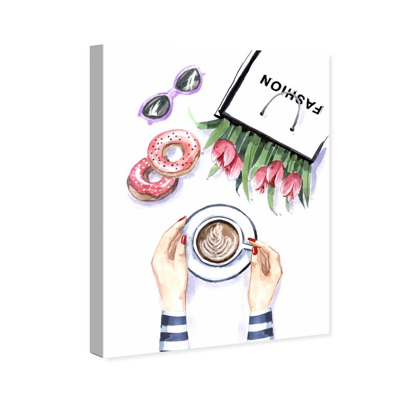 Wynwood Studio Fashion and Glam Coffee and donut time Pink and Modern & Contemporary Wall Art Canvas Print