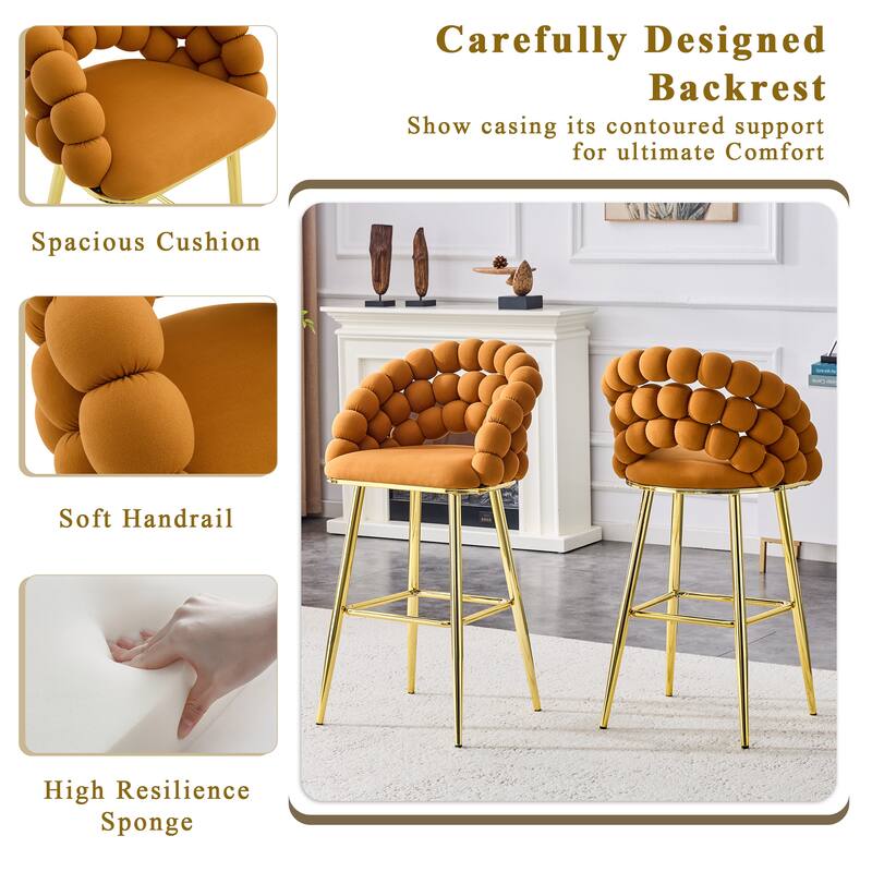 Set of 2 Puffy Bubble Chair Ball Chain Chair Velvet Bar Stools with Gold Legs, Modern Tufted Accent Bar Chairs