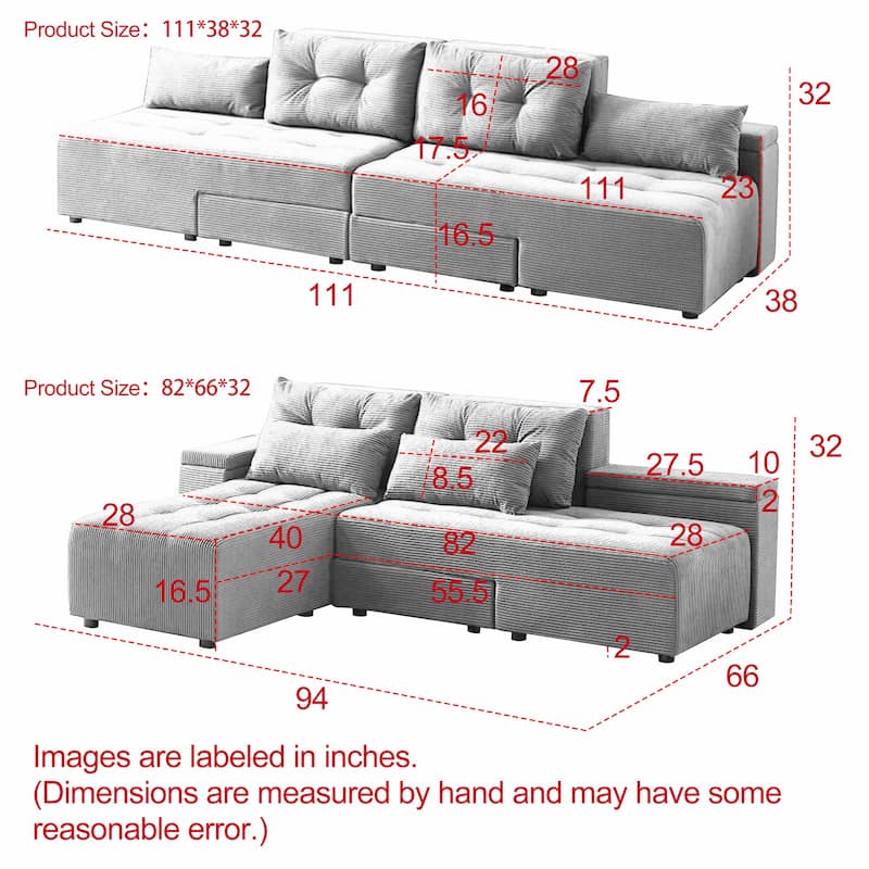 94" Corduroy 3-in-1 Convertible Sectional Sofa with 4 Storage Spaces and 4 Pillows