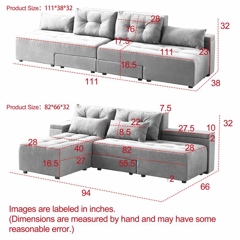 GDFStudio - Emerson Modular Corduroy 3-Seater Sofa with Storage and Customizable Design