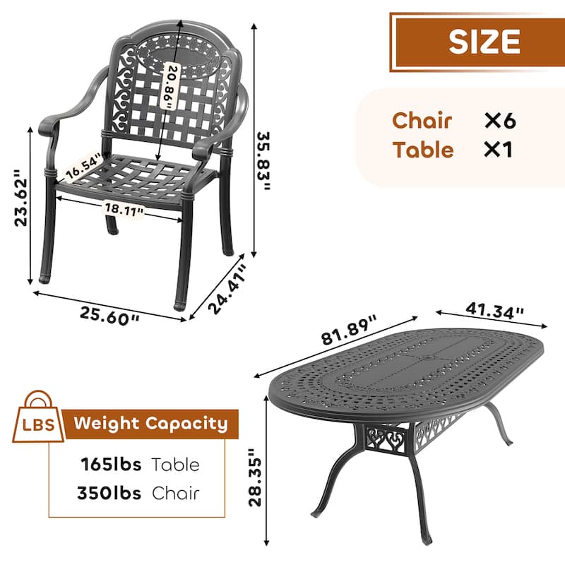 7/9-Piece Cast Aluminum Outdoor Dining Set with 82.87'' L X 42.13'' W Oval Table and Random Color Seat Cushions
