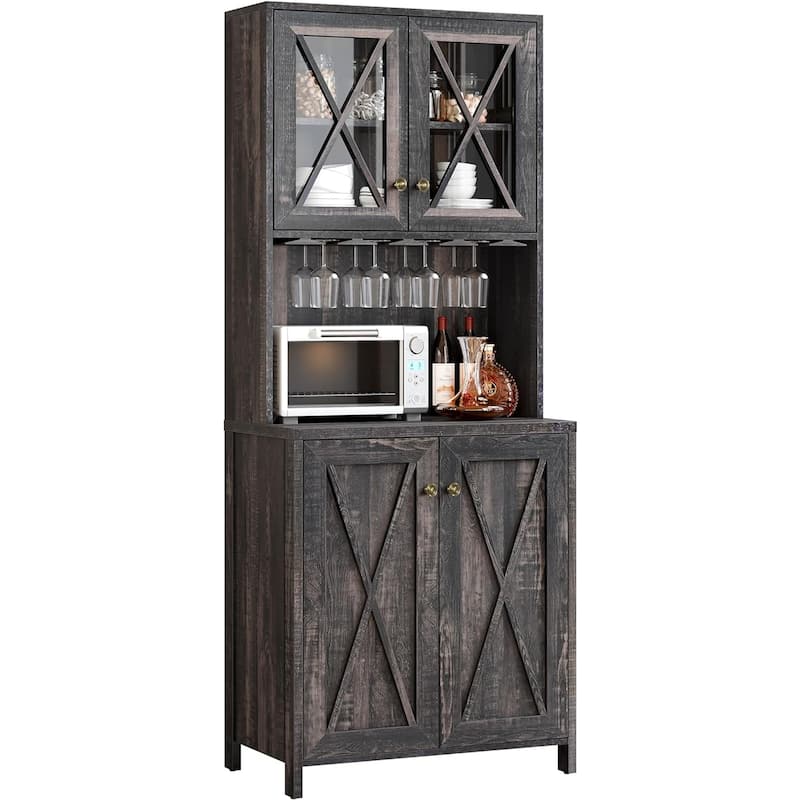 Bar Cabinet for Liquor and Glasses Dining Kitchen Cabinet with Wine Rack - Rustic Grey