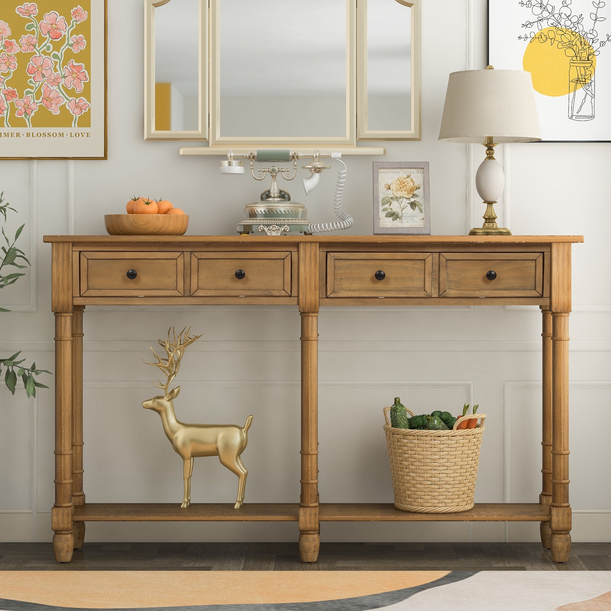 Solid Wood Rustic Console Table, 58" Narrow Long Entryway Sofa Table with 2 Storage Drawers and Open Bottom Shelf