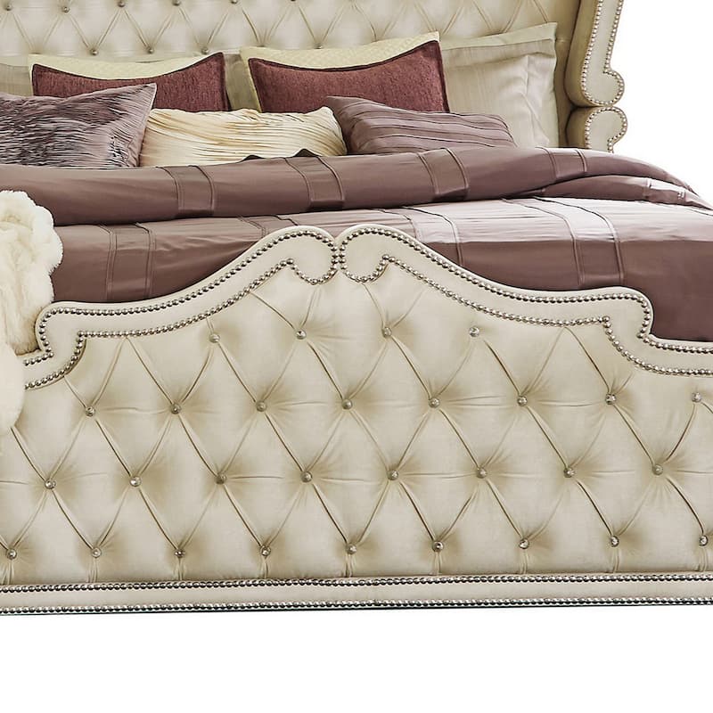 Lino California King Bed, Ivory Tufted Velvet Upholstery, French Carved