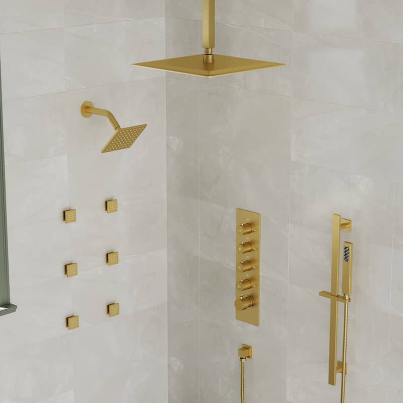 Thermostatic Rainfall Shower System with Handheld Spray, 16" & 6" Dual Shower Head and 6 Body Jets