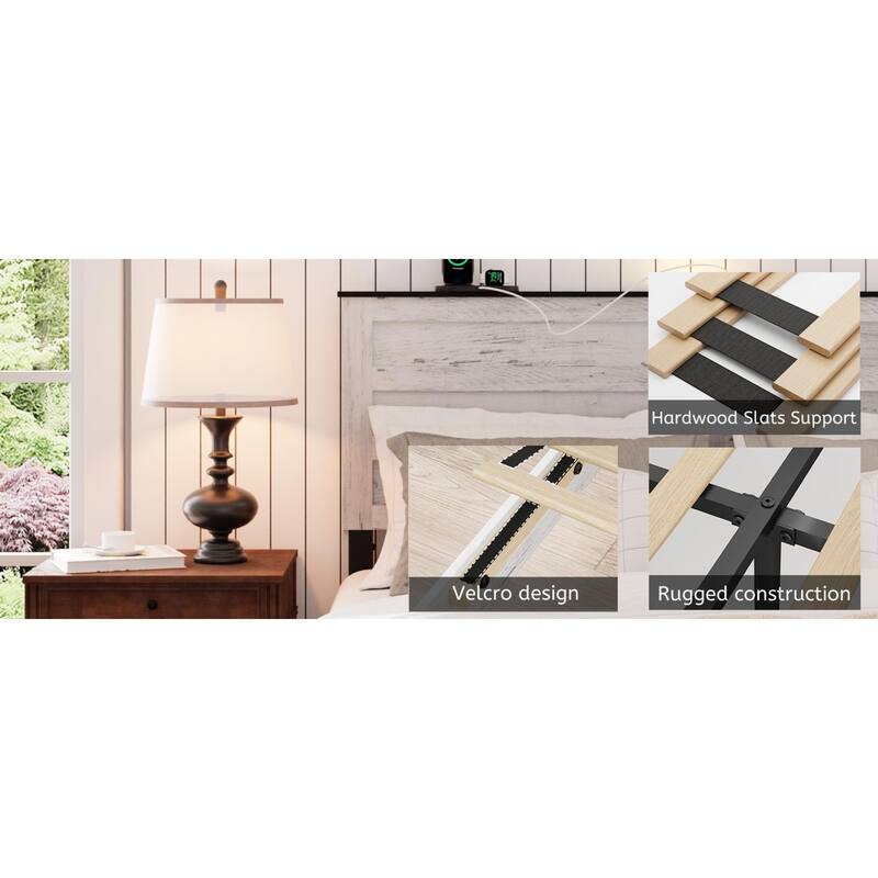 Roomfitters Queen Bed Frame with Upholstered Headboard, Storage Headboard with Charging Station, Wood Platform, Antique White
