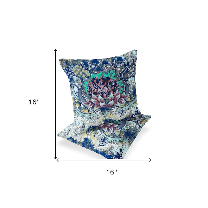HomeRoots Set of Two 16" X 16" Blue and Yellow Blown Seam Floral Indoor Outdoor Throw Pillow - 16.00' X '16.00' X '5.00