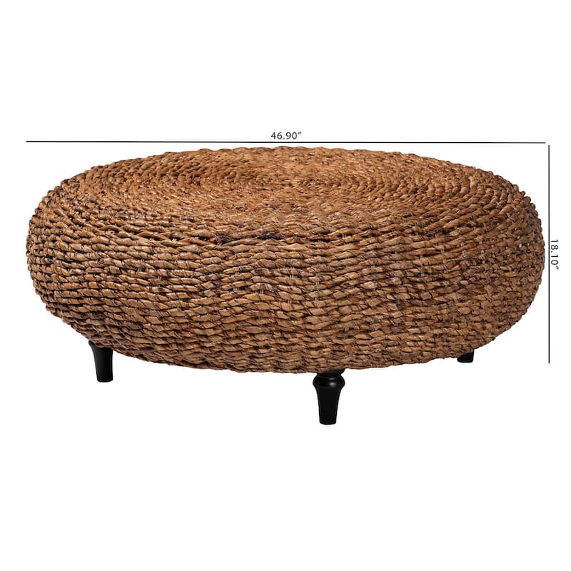 Riau Handwoven Seagrass Coffee Table with Wooden Legs - Natural Wicker Round Living Room Table for Living Room or Bedroom Décor