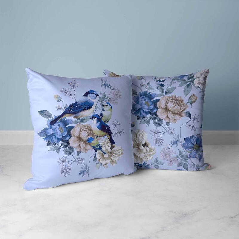 Petal Perched Birds Faux Suede Reversible Throw Pillow Skyblue and Lavender