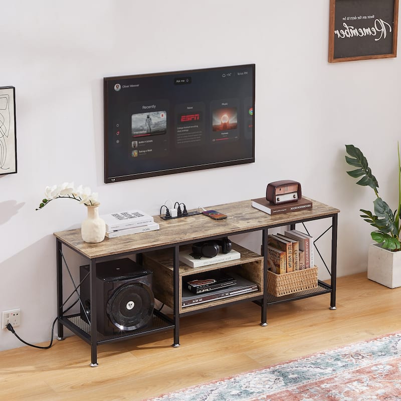 VECELO Wood TV Stand with Charging Station,Storage Shelves Entertainment Center TV Cabinet