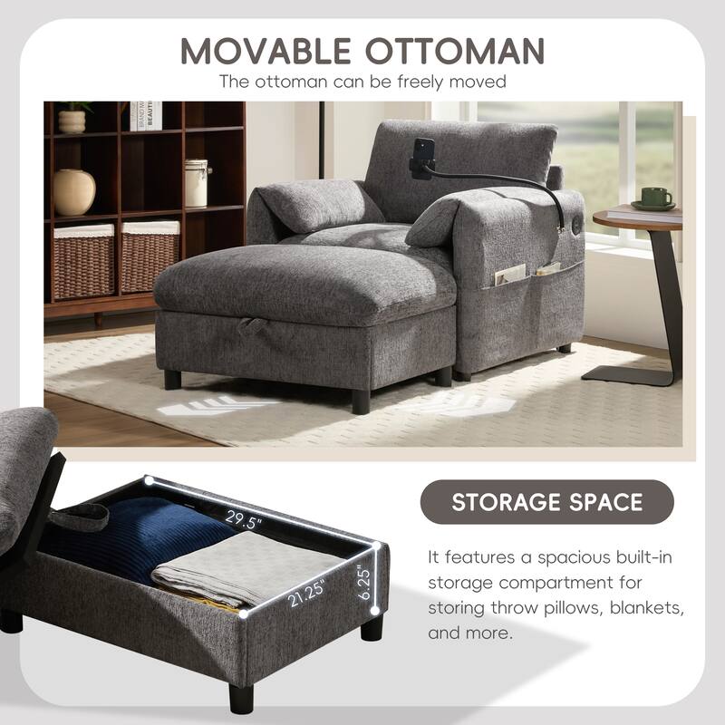 Single Sofa Chair and Storage Ottoman Sets, Chenille Accent Chair Wide Seat Chaise Lounge Couch with Phone Holder & USB Chargers