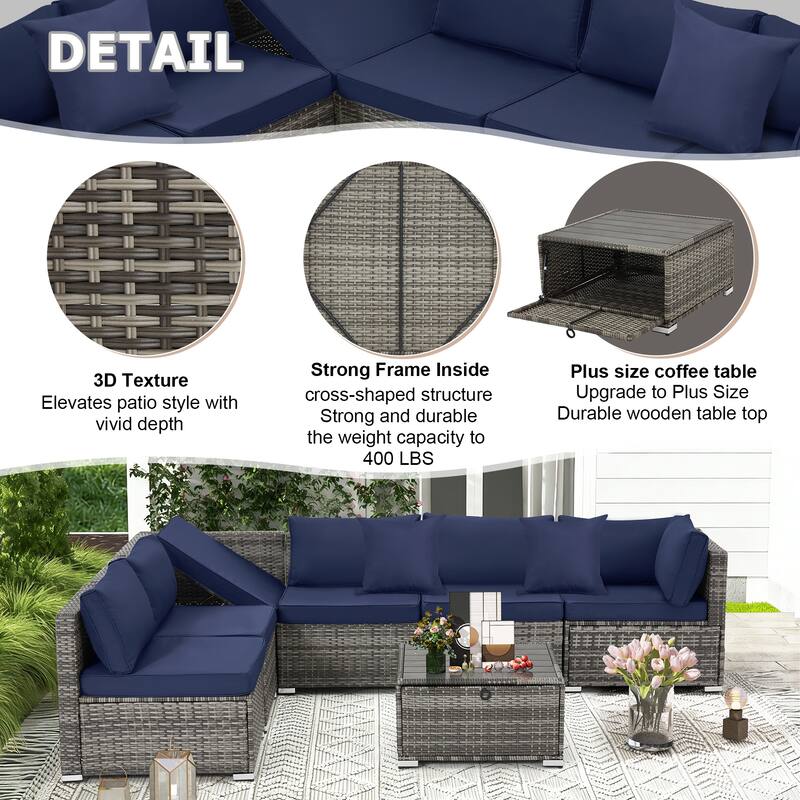 EROMMY 6/7 Piece Modular Outdoor Rattan Sofa Set, All-Weather Wicker Patio Furniture with Storage Table, Cushions & Pillows