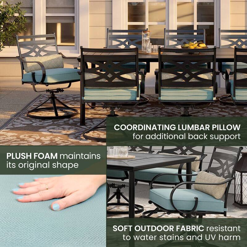 Hanover Montclair 9-Piece Dining Set in Ocean Blue with 8 Swivel Rockers and a 42-In. x 84-In. Table